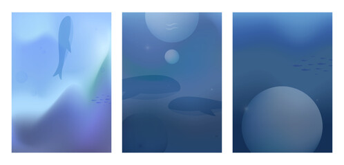 Set of 3 A4 gradient background for banner, poster, cover, flyer. Ocean with whales and fish. Blue ocean.