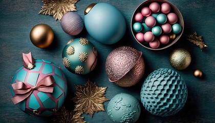  a table topped with lots of different colored balls and ornaments.  generative ai