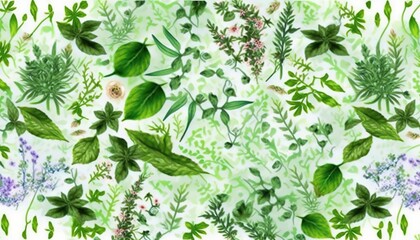  a watercolor painting of green leaves and flowers on a white background.  generative ai