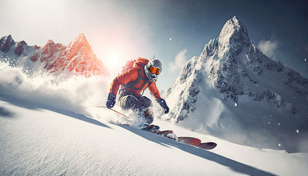snowboarder in snowy mountains