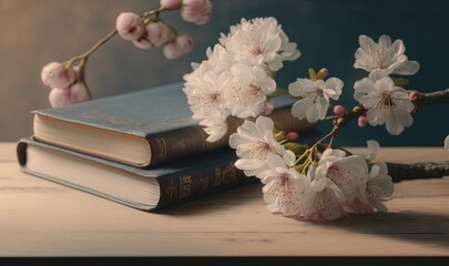  a book and some flowers on a wooden table with a blue background.  generative ai