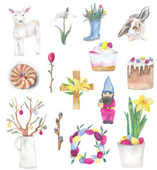 Set of watercolor Easter illustrations Collection of hand painted spring clipart. Spring flowers, sheep, bunny, gnome, tulips, snowdrop, easter food, egg wreath