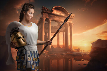 Art of warrior woman with plumed helmet and spear around greek building.