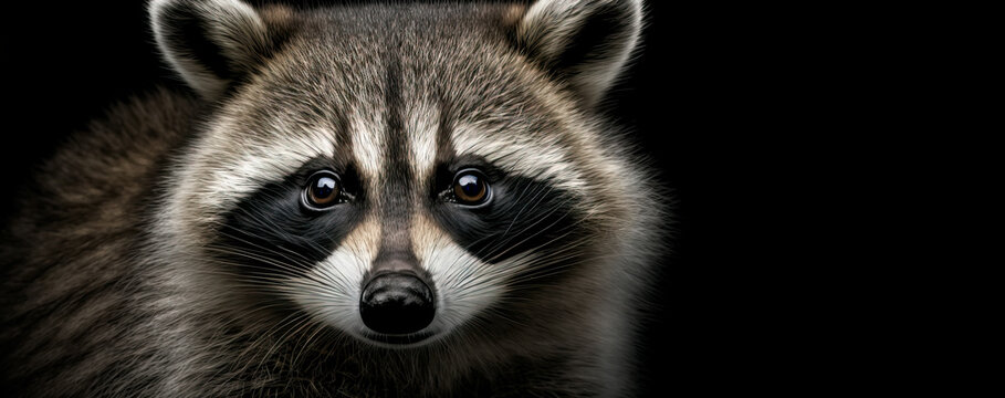 Close up of a raccoon on black background,  Image of a raccoon head with big eyes created with generative ai