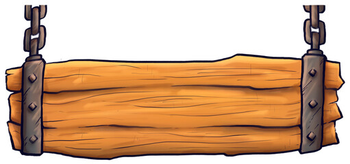 Ilustração cartoon de placa de madeira medieval. Placa de tábua com armação de ferro e correntes metal da época medieval. Arte digital de letreiro vazio