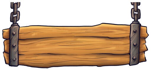 Ilustração de placa de madeira medieval. Placa de tábua com armação de ferro e correntes metal. - obrazy, fototapety, plakaty