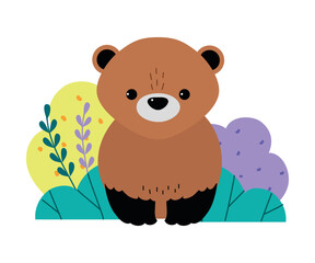 Cute bear in bushes. Adorable forest baby animal on nature cartoon vector illustration