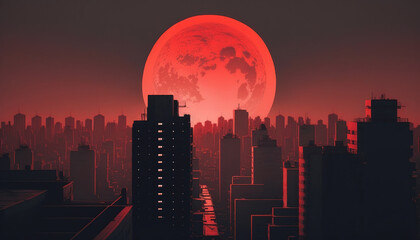 Fototapeta na wymiar City at night with red moon, 4k Wallpaper