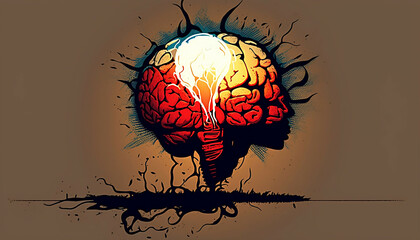 human brain in a light bulb as a concept of bright mind, new quality universal colorful joyful education stock image illustration design, generative ai