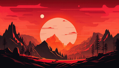 Sunset in the mountains, vector art, minimalist, 4k wallpaper