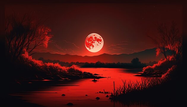 Lake landscape with a red moon, 4k wallpaper