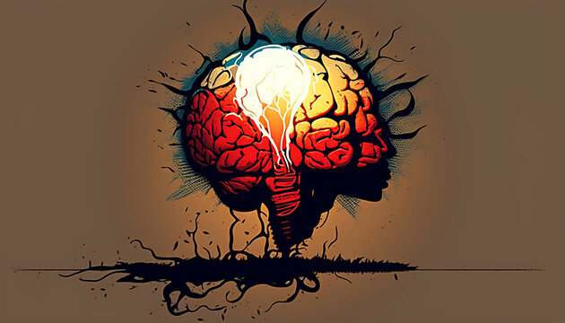 human brain in a light bulb as a concept of bright mind, new quality universal colorful joyful education stock image illustration design, generative ai