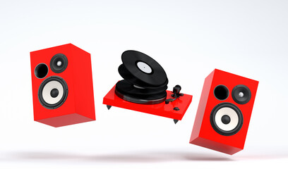 Set of Hi-fi speakers and DJ turntable for sound recording studio on white