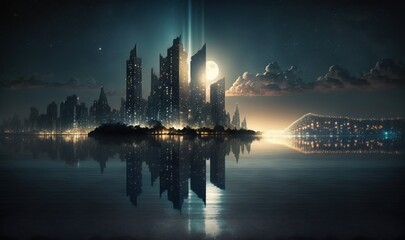  a futuristic city at night with a full moon in the sky.  generative ai