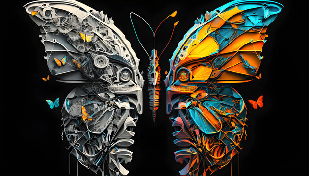 abstract image of a butterfly, in mixed styles on a dark background,colorful ornament