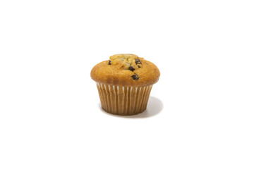 Muffins with chocolate flecks isolated on a white background. Muffins are made mainly from wheat flour, egg, vegetable oil, cow's milk, baking powder, essence (vanilla being the most common) and sugar