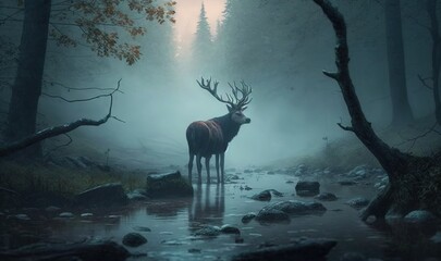  a deer standing in the middle of a forest next to a stream.  generative ai