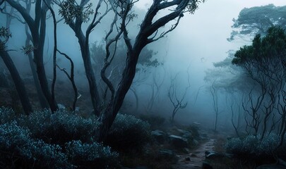  a path in the woods with trees and bushes on either side.  generative ai