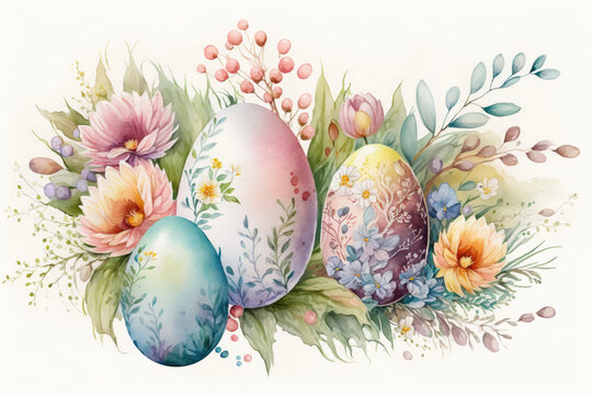 Decorated easter eggs in the grass with spring flowers, watercolor Generative AI illustration