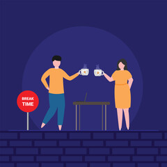 Time to take a break, coffee break time to relax and refresh from long stress interval, free from bored, sleepy and fatigue concept, relax businessman with a cup of coffee or tea with alarm clock.