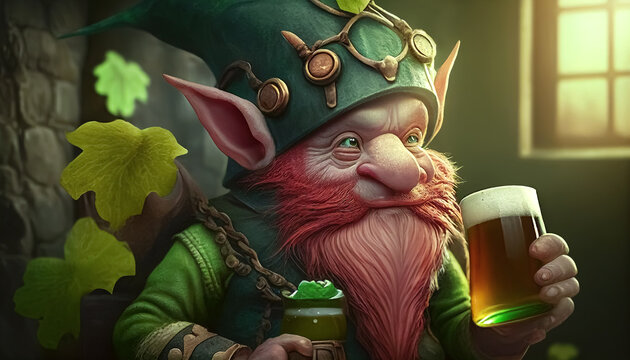 DUENDE DE BARBA ROJA, TOMANDO CERVEZA. ILUSTRACION DIA DE SAN PATRICIO. FONDO OSCURO. COLOR. IA GENERATIVA. HORIZONTAL.
