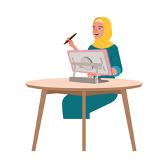 Fototapeta na wymiar Muslim Woman Character in Hijab Sitting at Desk with Tablet Working in Coworking Space Vector Illustration