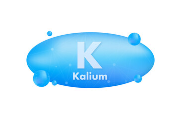 Mineral K Kalium blue shining pill capsule icon. Vector stock illustration.
