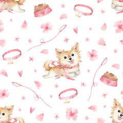 Pattern with dogs Chihuahua and pink flowers. Watercolor hand-drawn texture with illustrations of  Chihuahua with pink ribbon, collar and leash