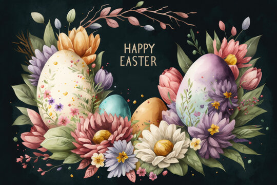 Happy Easter. Decorated easter eggs in the grass with spring flowers, watercolor Generative AI easter card illustration