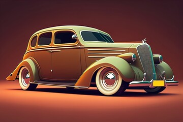 Vintage retro styled car mockup on red background, front right side view. Generative Ai.