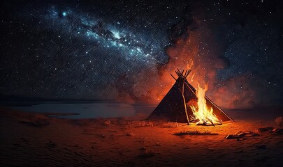  a teepee sitting in the middle of a desert under a night sky filled with stars.  generative ai