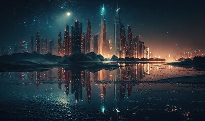  a futuristic city at night with a reflection in the water.  generative ai
