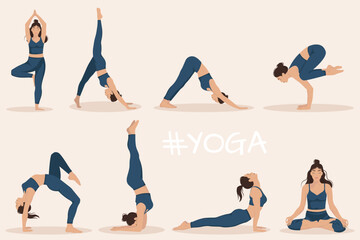 A set of  a young woman performing 8 physical exercises and demonstrating  yoga asanas  on light background. Flat vector illustration. - obrazy, fototapety, plakaty