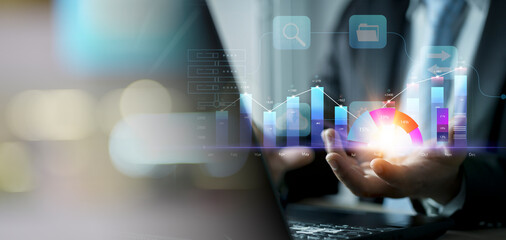 Businessman presenting a sustainable development concept, growth, profit, success chart Business man showing growth planning, opportunity, challenge and business strategy graphs and target.