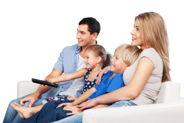 Beautiful smiling family watching TV at home