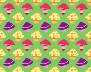 seamless pattern with bright colored cartoon mushrooms