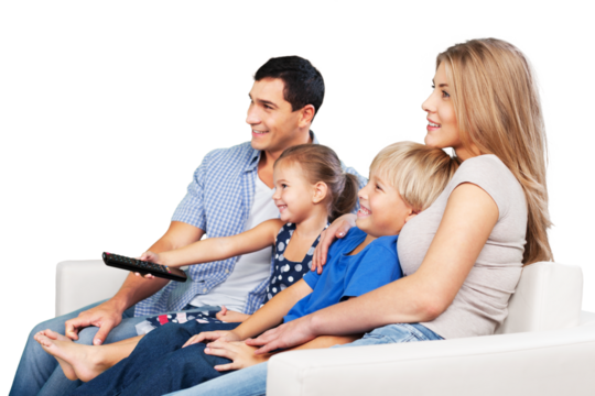 Beautiful smiling family watching TV at home - Powered by Adobe