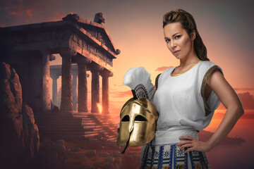 Art of warrior woman dressed in tunic holding plumed helmet around greek building.