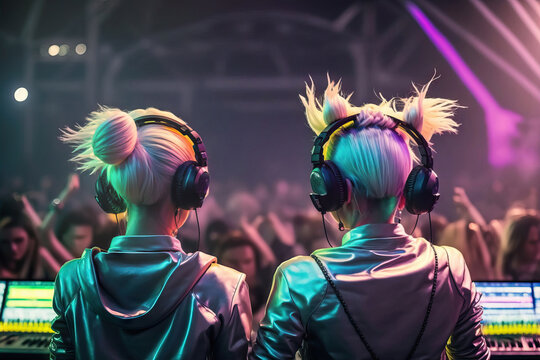 AI illustration of unrecognizable DJs mixing music in club