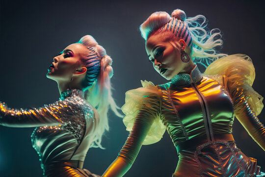 AI illustration of stylish women performing dance in nightclub