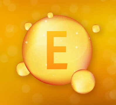 Vitamin E gold shining icon. Ascorbic acid. Vector stock illustration