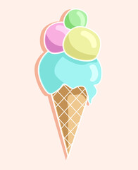 Summer triple ice cream in a wafer cone, tasty cold creamy snack. Vacation logo, postcard, card, summer vector illustration.