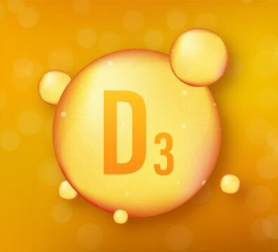 Vitamin D 3 gold shining icon. Ascorbic acid. Vector illustration