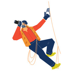 Fototapeta premium Climber or alpinist with climbing equipment and camera, flat cartoon vector illustration isolated on white background. Mountaineering and climbing sport.