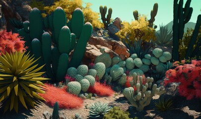 a bunch of cactus plants that are in the dirt near rocks and bushes on a sunny day with a blue sky in the back ground.  generative ai