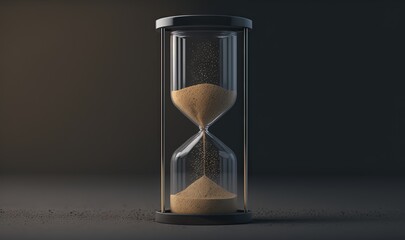  an hourglass with sand running through it on a dark surface with a dark back ground and a dark back ground with only one hourglass left.  generative ai