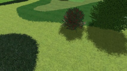3D illustration of modern landscape architecture. Background computer rendering of landscape design. Contrasting composition of different lawn surfaces in smooth lines.