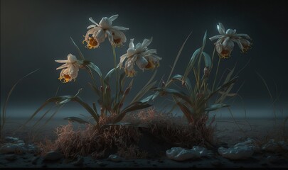 Fototapeta na wymiar a bunch of flowers that are sitting in the dirt on the ground in the dark night time, with the light shining on the flowers. generative ai