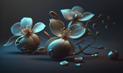 a bunch of flowers that are sitting on a table with drops of water around them on a dark surface with a blue background and a black background.  generative ai