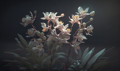  a bunch of flowers that are in a vase on a table with a black background in the background is a dark room with a black wall.  generative ai